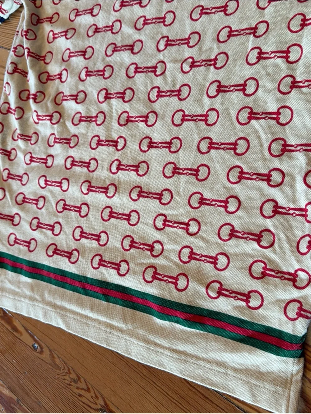 GUCCI HORSEBIT PRINT COTTON POLO SHIRT Cream Red Size Small